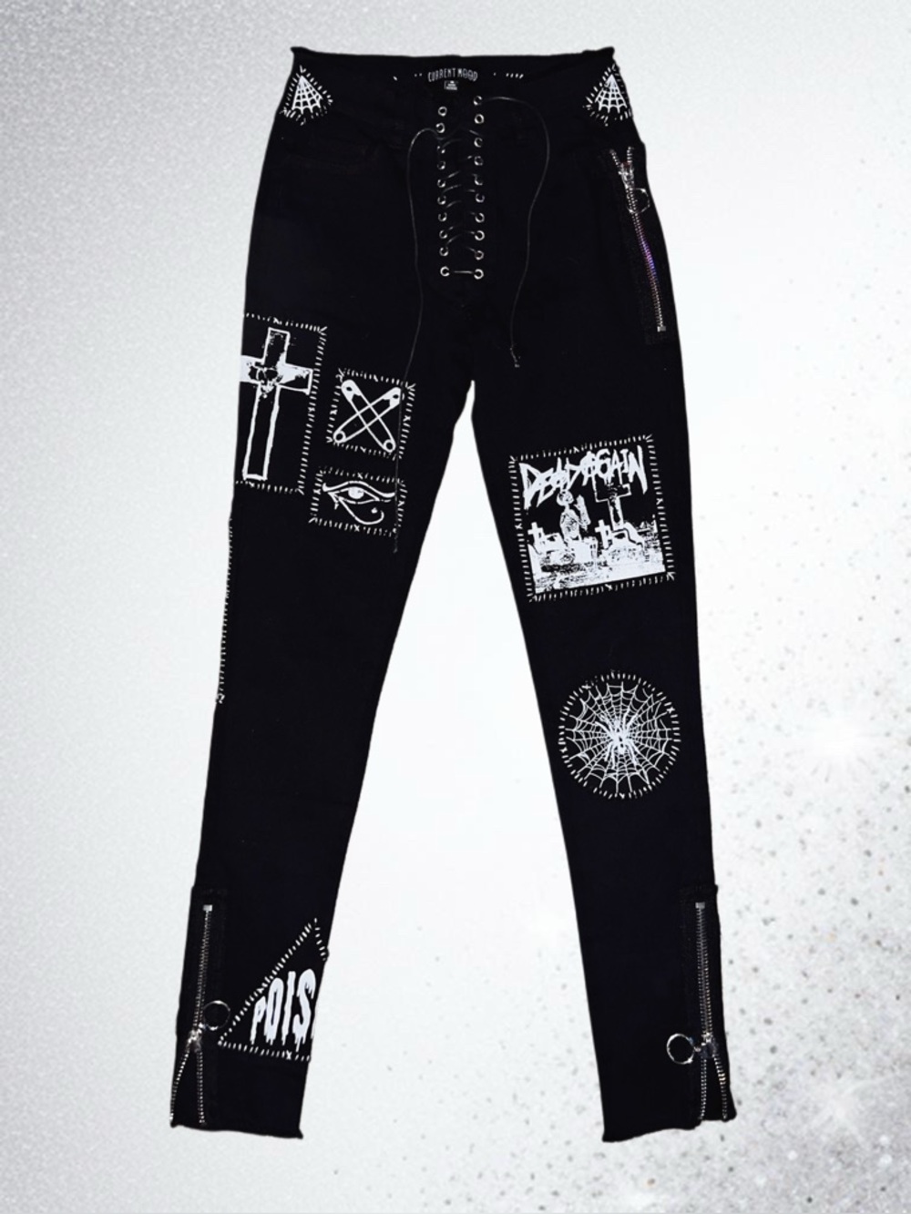 Dolls Kill Gothic Current Mood Punk Lace Up Patchwork Zipper Pants